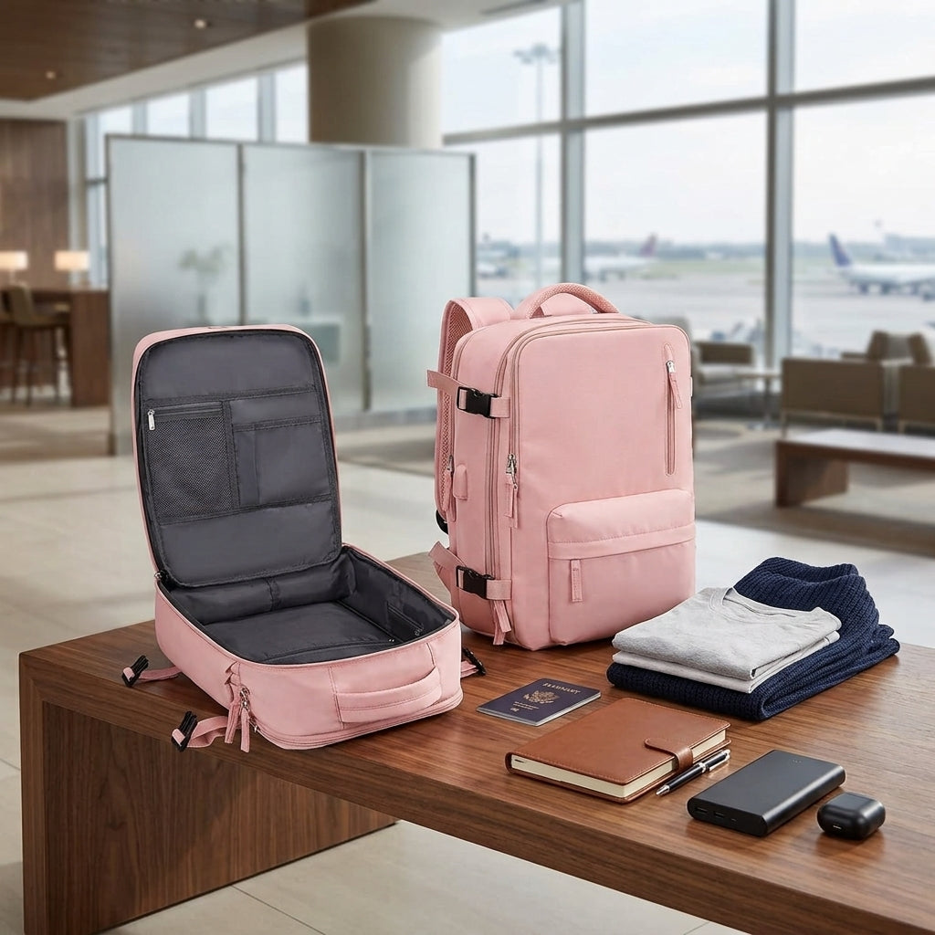 Hiking backpack with multiple compartments and zipped pockets - pink
