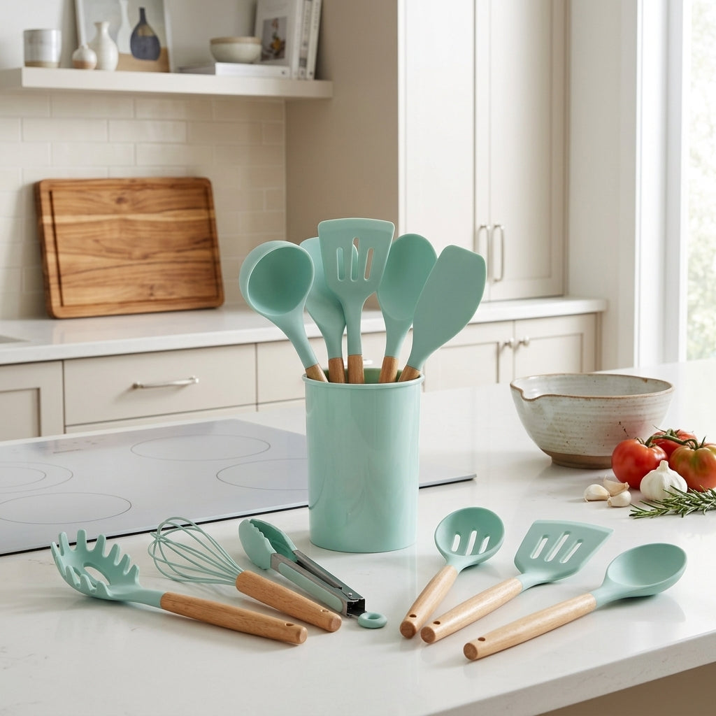 Cooking Utensil Set with Silicone Heads and Wooden Handles - light green