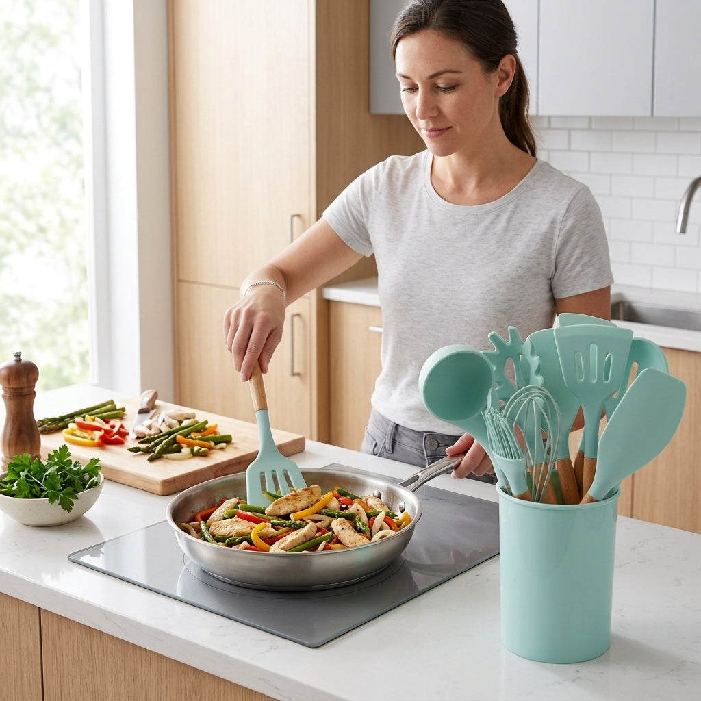 Cooking Utensil Set with Silicone Heads and Wooden Handles
