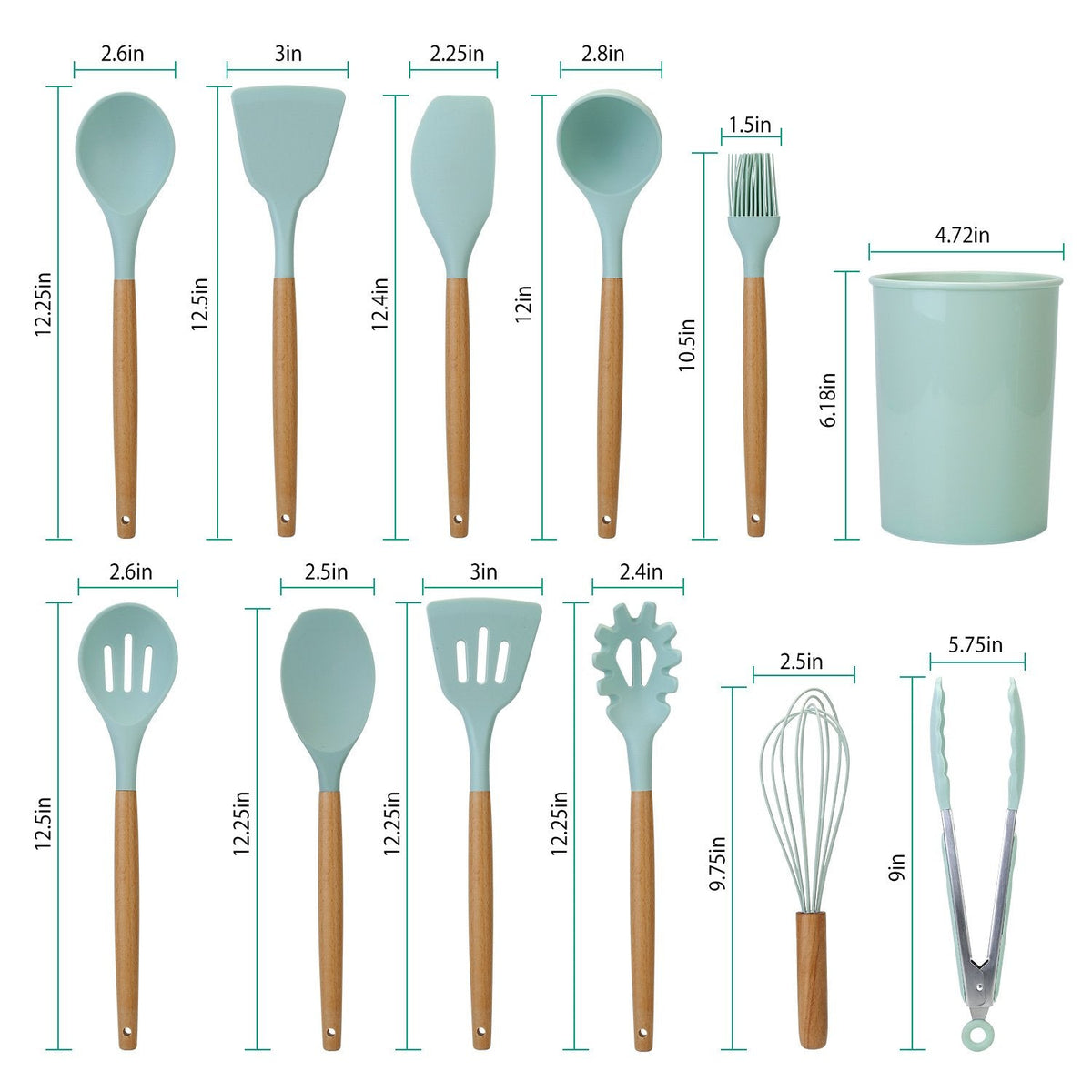 Cooking Utensil Set with Silicone Heads and Wooden Handles