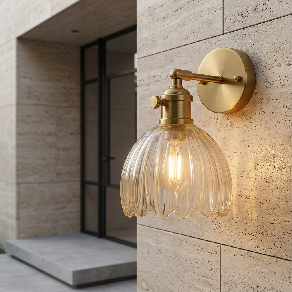 Wall Sconce with Tulip Shaped Glass Shade and Metal Mount - transparent