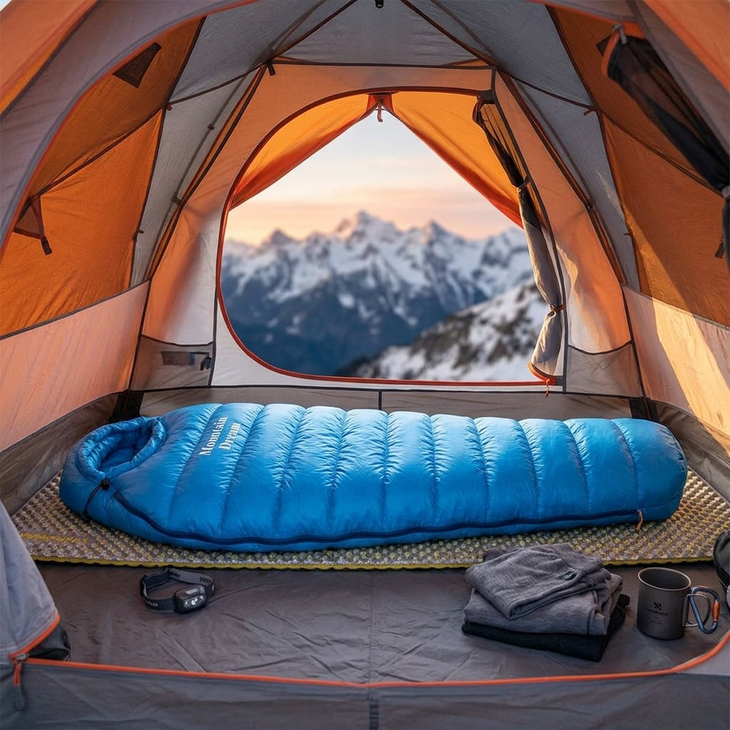 Sleeping bag with ripstop nylon and adjustable hood - sky blue