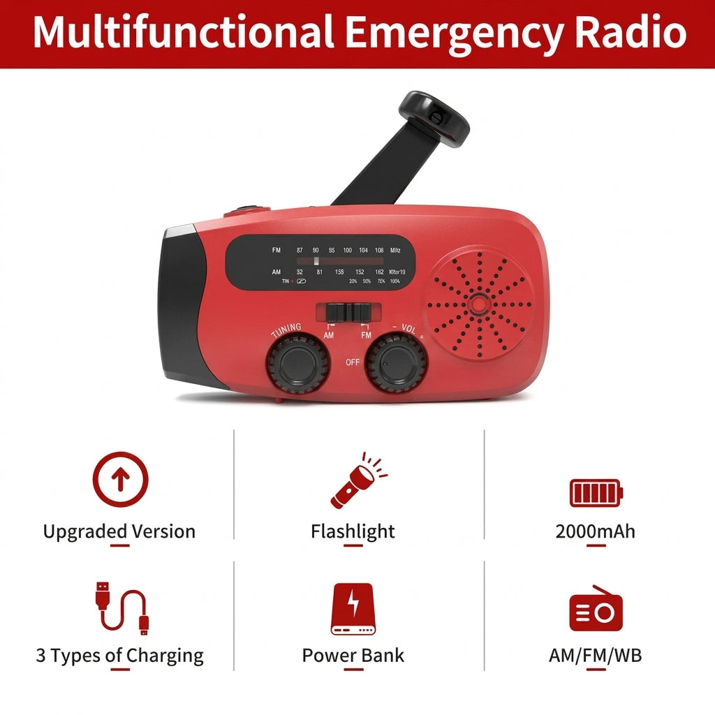 Solar powered emergency radio with SOS alarm and hand crank