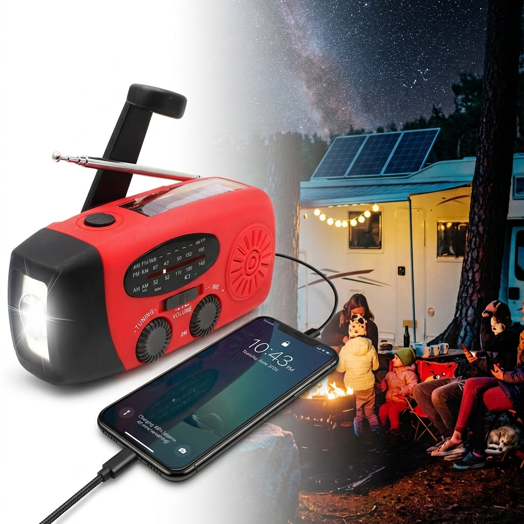 Solar powered emergency radio with SOS alarm and hand crank