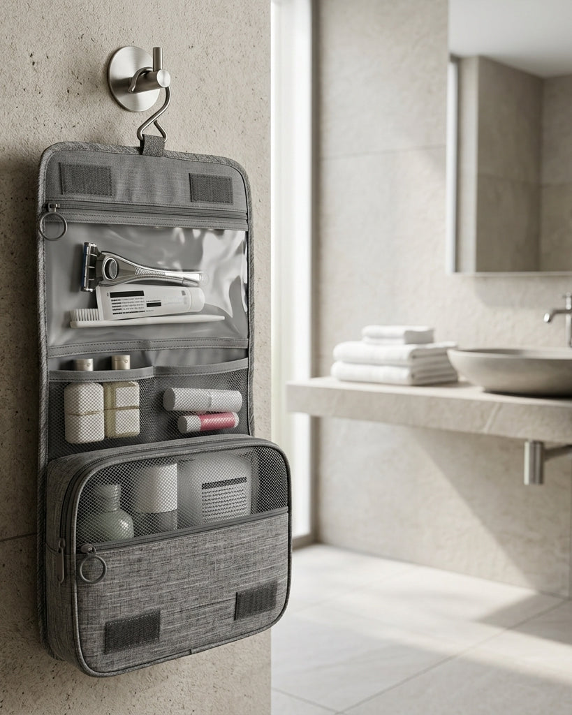 Travel toiletry bag with hanging hook and mesh pockets - gray
