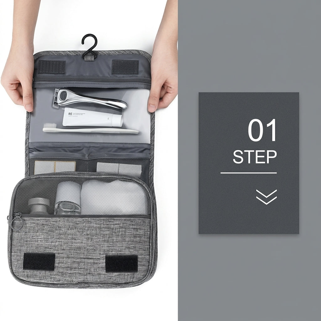 Travel toiletry bag with hanging hook and mesh pockets