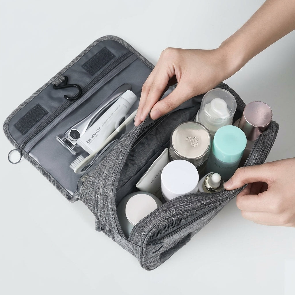 Travel toiletry bag with hanging hook and mesh pockets