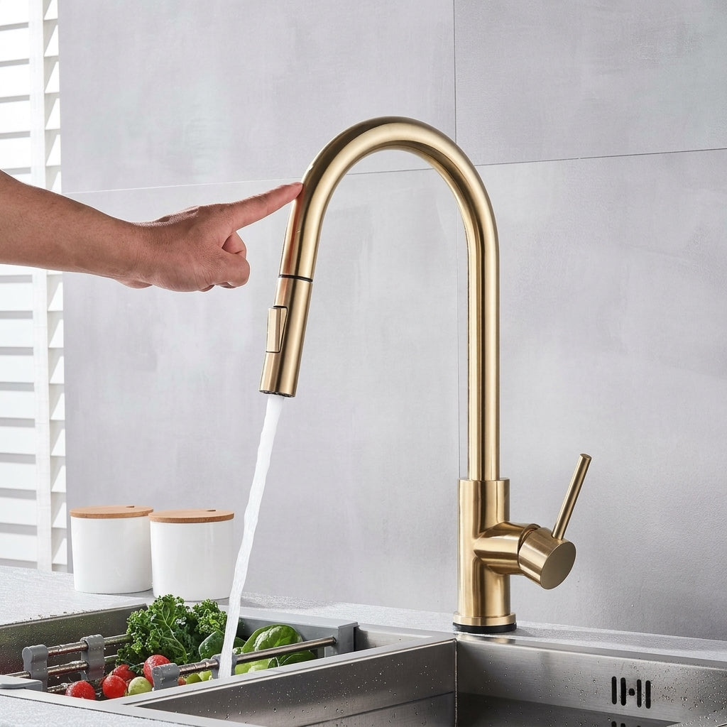 Sensor kitchen faucet with pull out sprayer - brushed gold