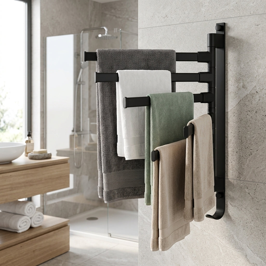 Wall mounted towel rack with five rotating arms