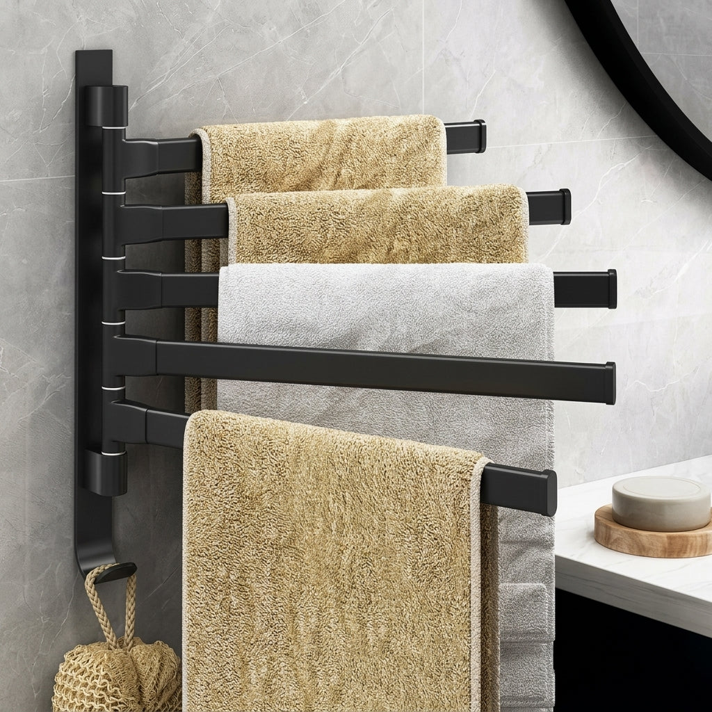 Wall mounted towel rack with five rotating arms