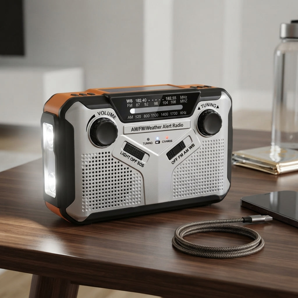 Emergency radio with hand crank and LED flashlight
