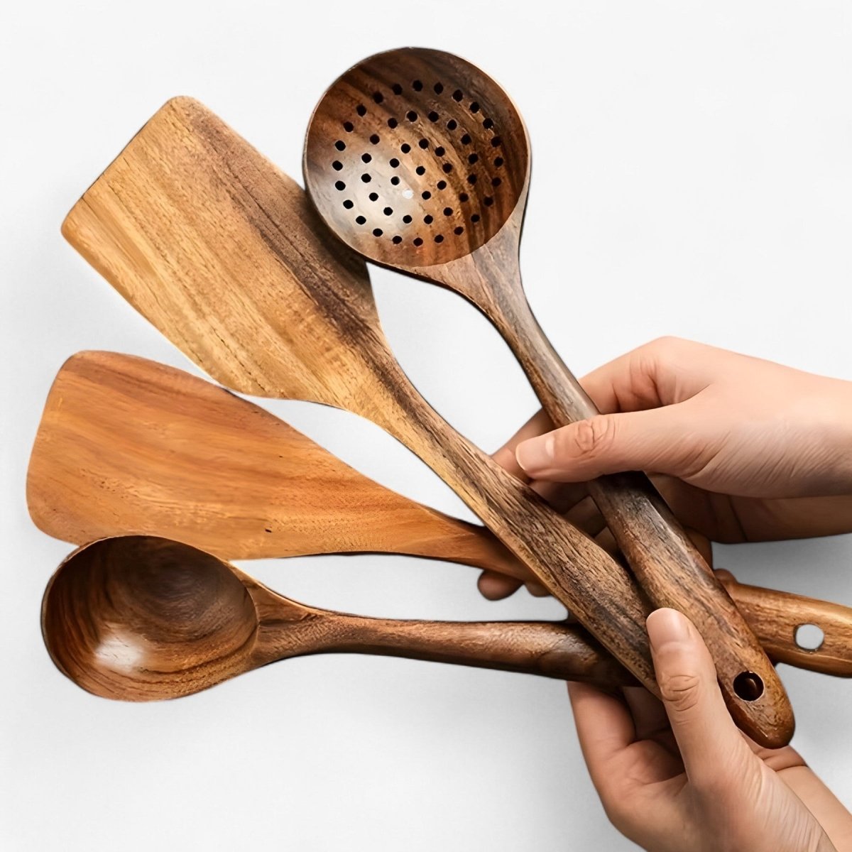 Wooden utensil set with eleven heat resistant pieces