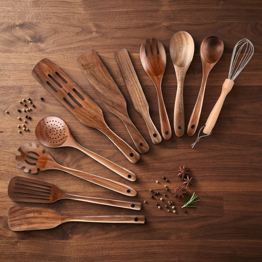 Wooden utensil set with eleven heat resistant pieces