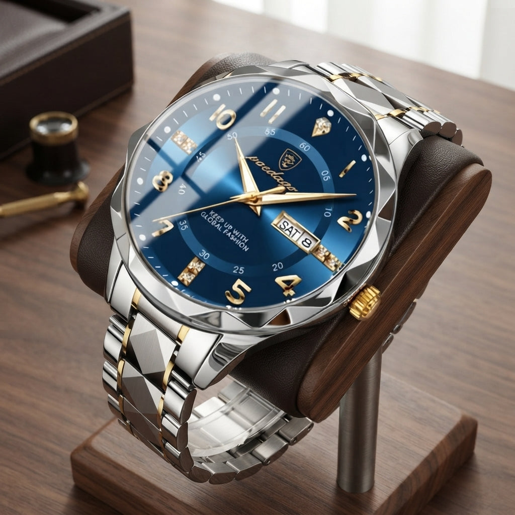Titanium watch with analogue digital display and scratch resistant glass - inter gold bracelet with blue dial
