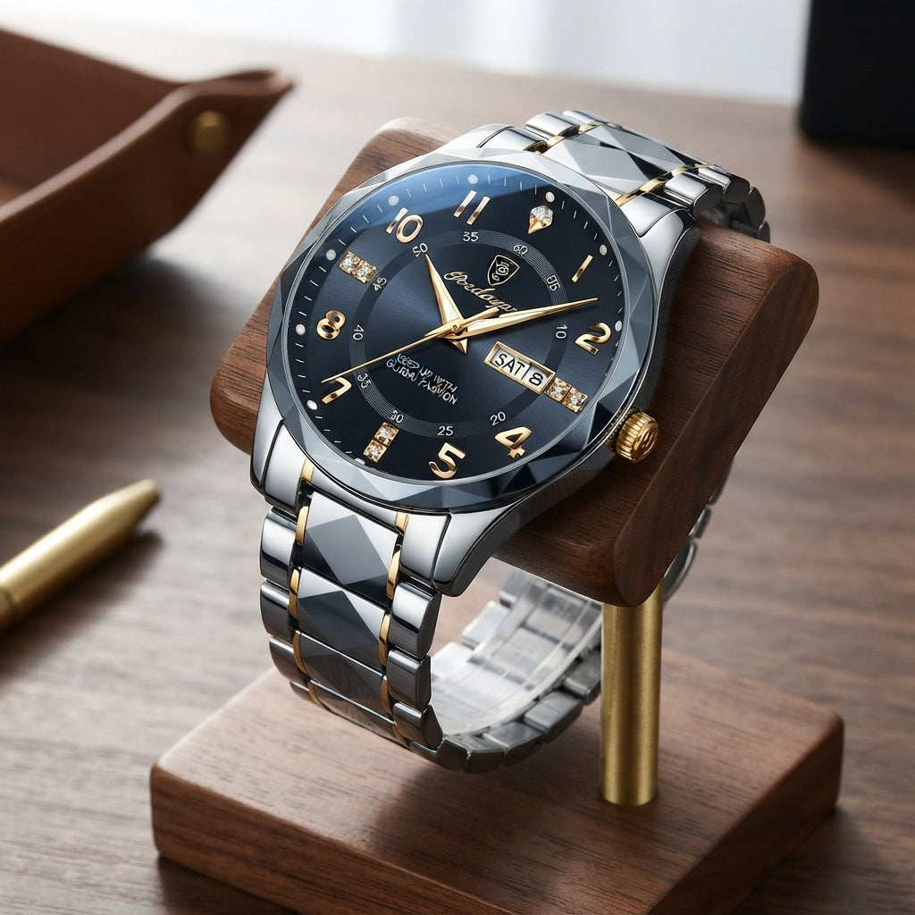 Titanium watch with analogue digital display and scratch resistant glass - inter gold bracelet with black dial