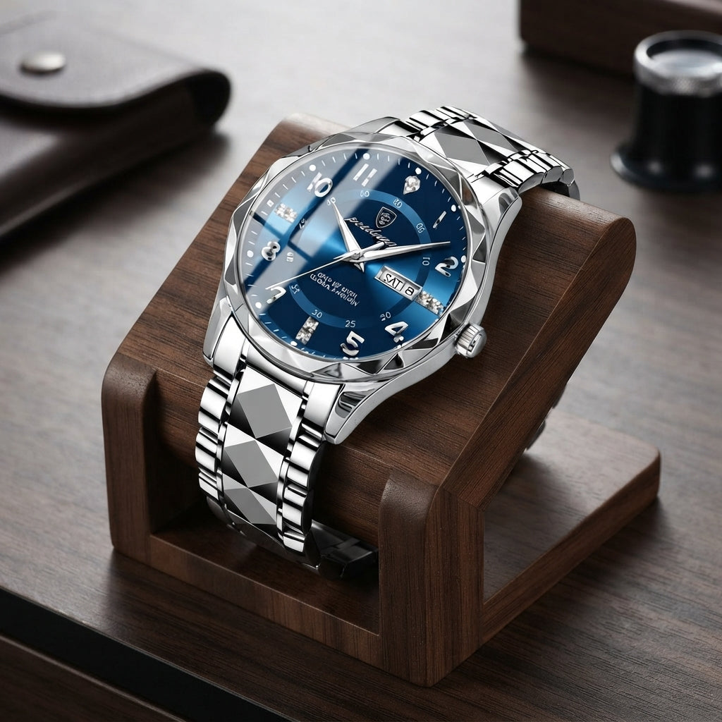 Titanium watch with analogue digital display and scratch resistant glass - silver bracelet with blue dial