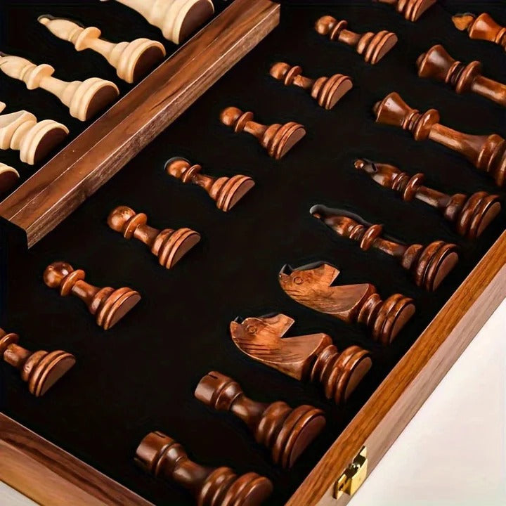 Foldable wooden chess board with magnetic closure