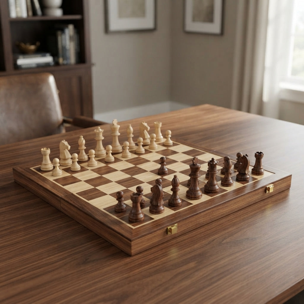 Foldable wooden chess board with magnetic closure