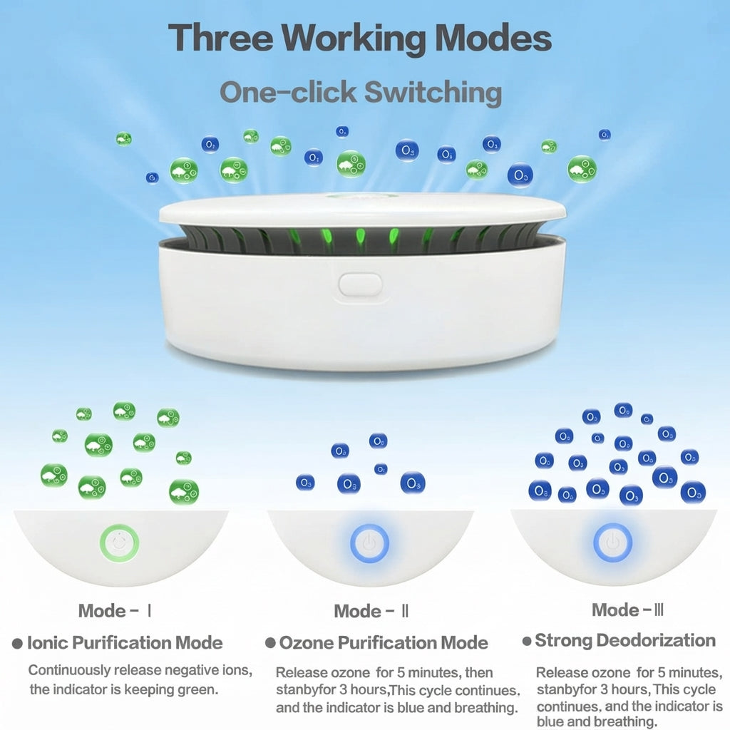 Cordless air purifier with ozone technology for odour removal