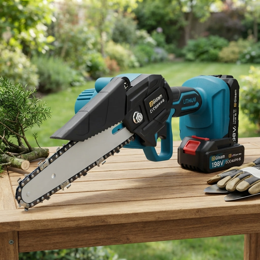 Cordless chainsaw with two rechargeable batteries for branches