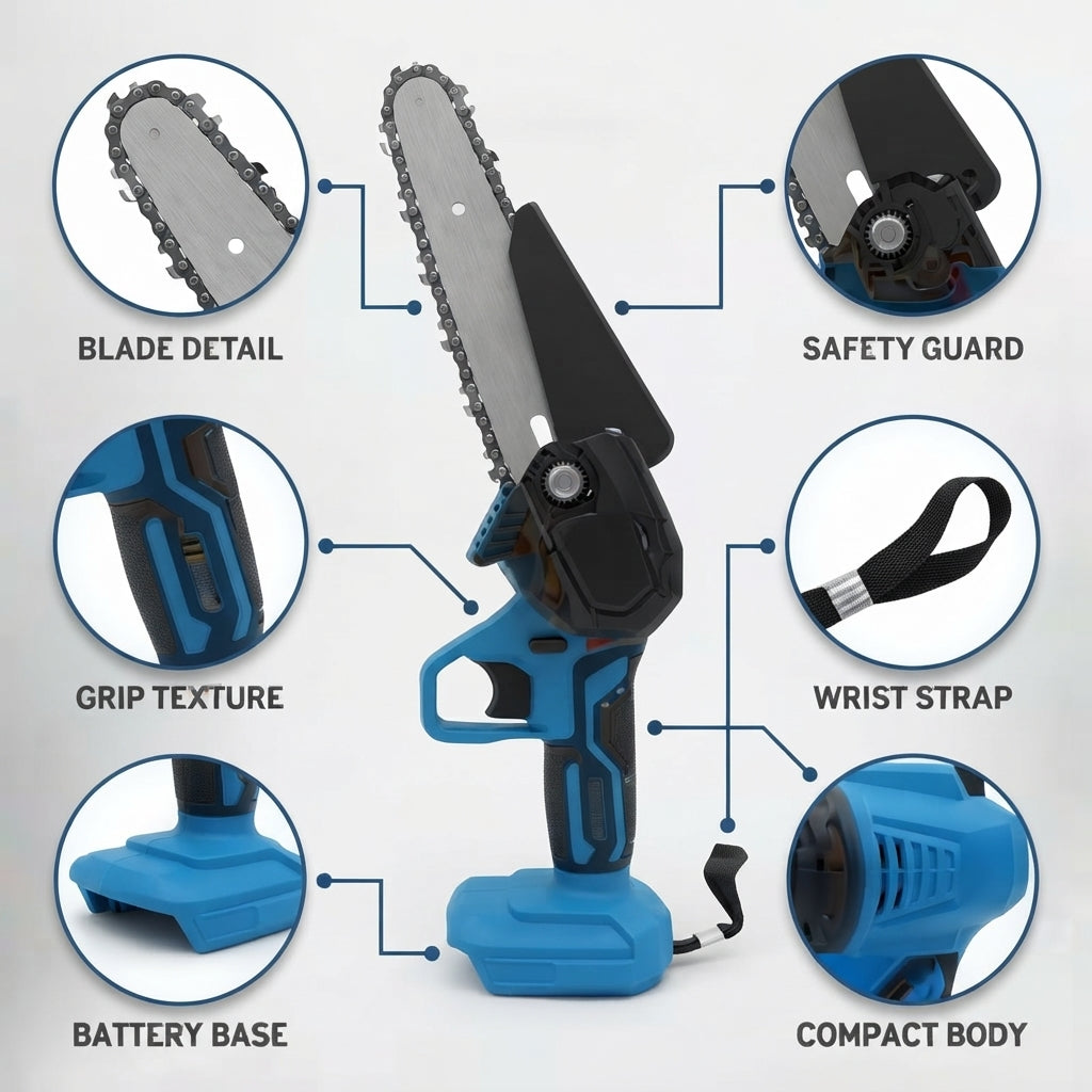 Cordless chainsaw with two rechargeable batteries for branches