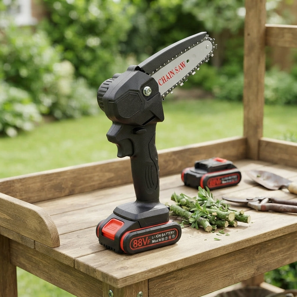 Battery chainsaw with one hand operation for garden cutting