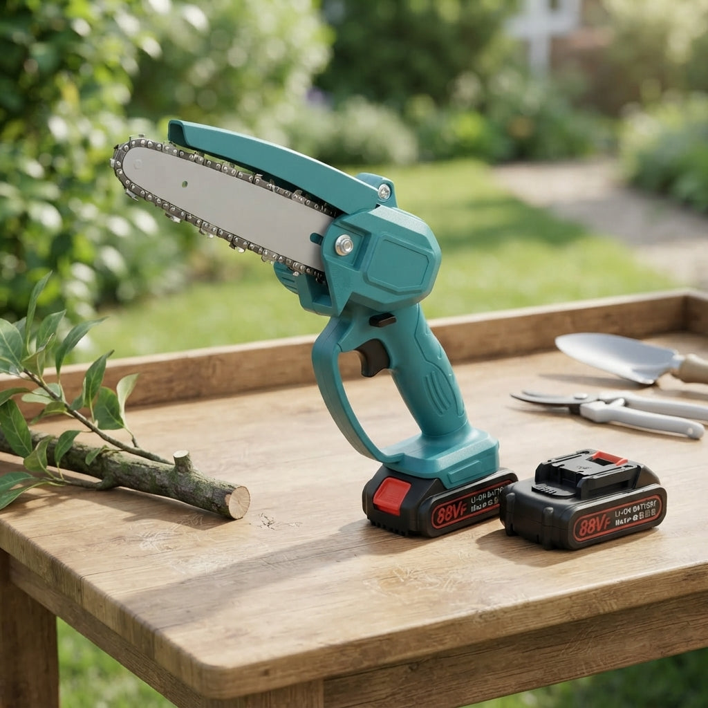 Battery chainsaw with one hand operation for garden cutting - green
