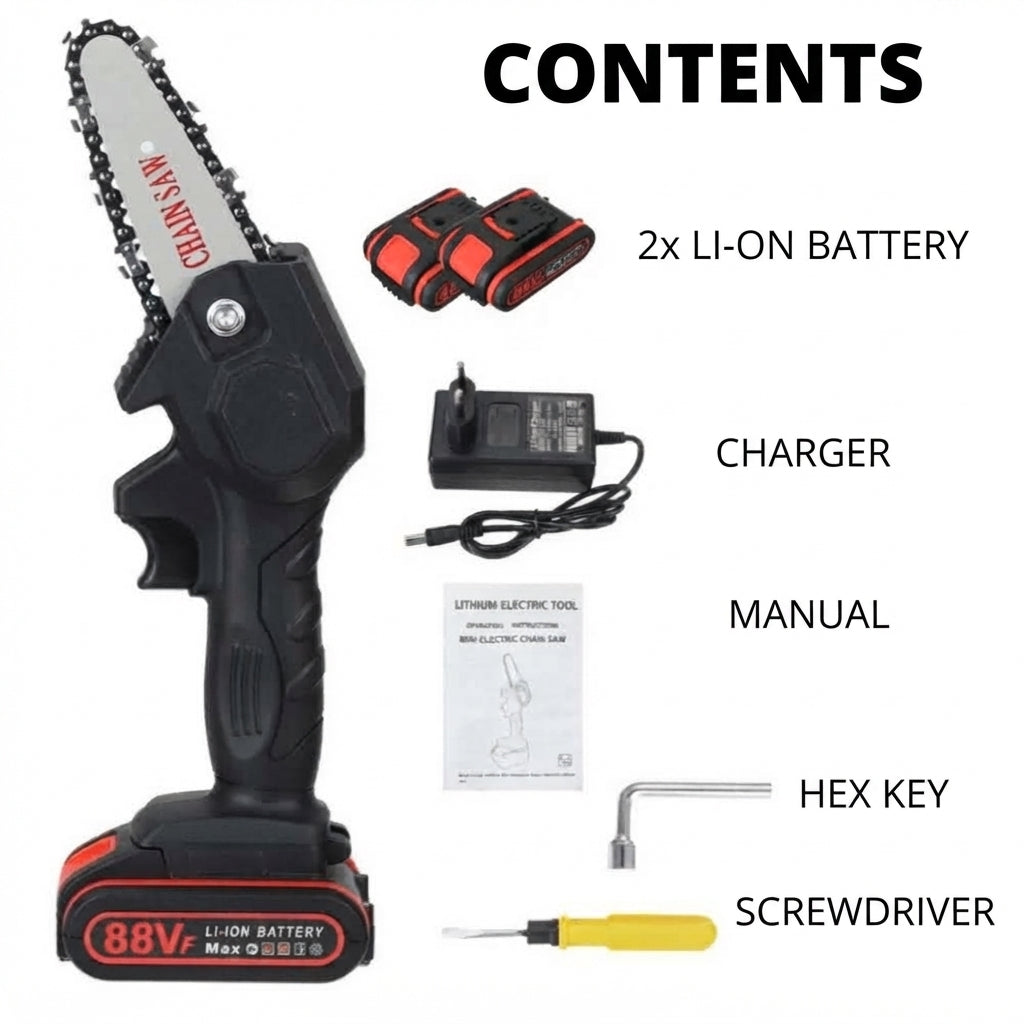 Battery chainsaw with one hand operation for garden cutting