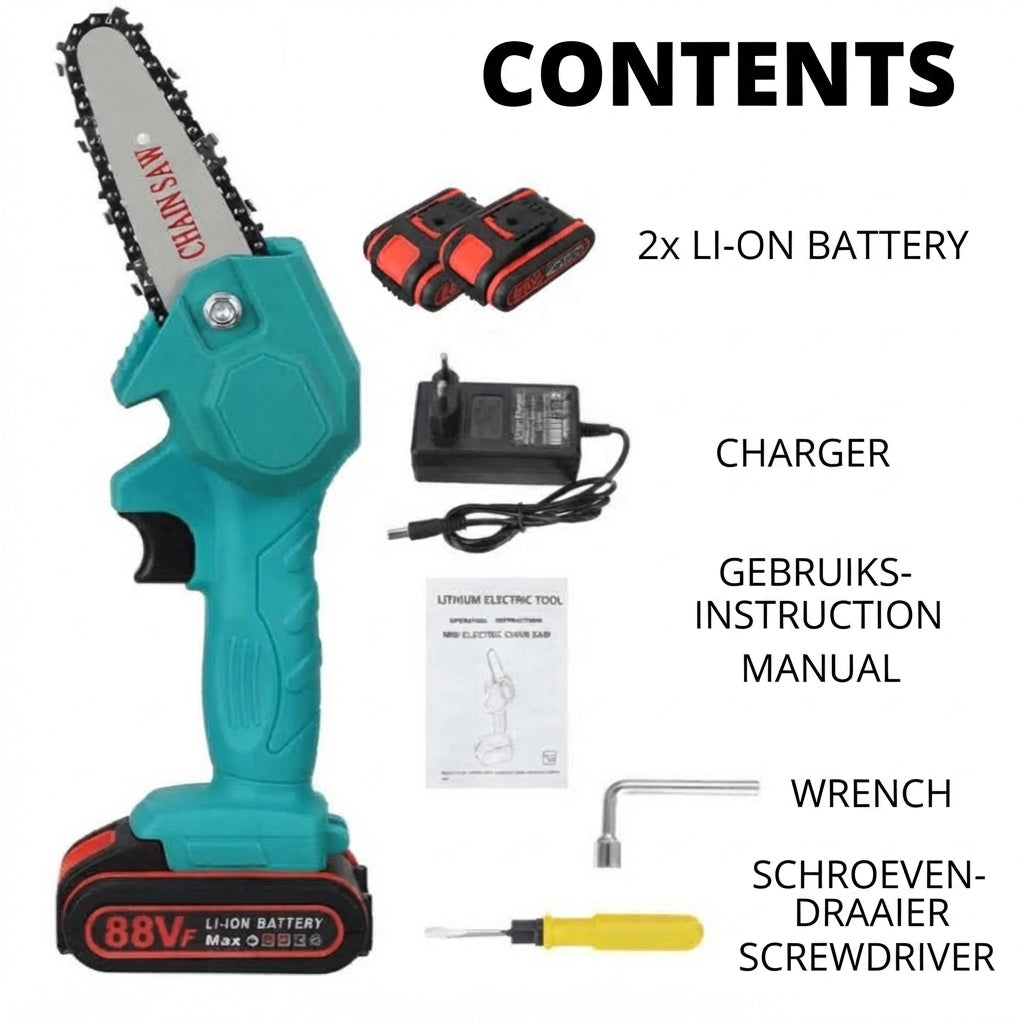 Battery chainsaw with one hand operation for garden cutting