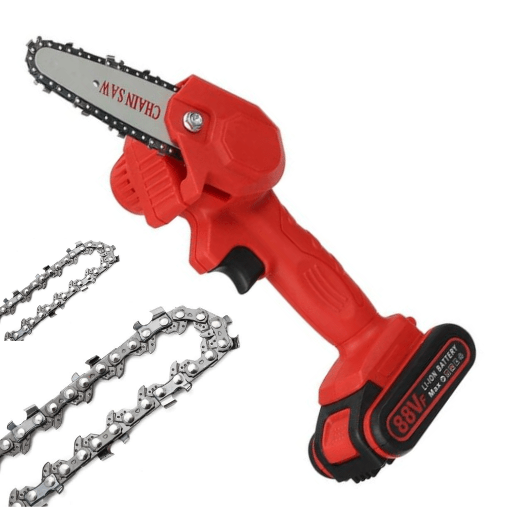 Battery chainsaw with one hand operation for garden cutting - orange