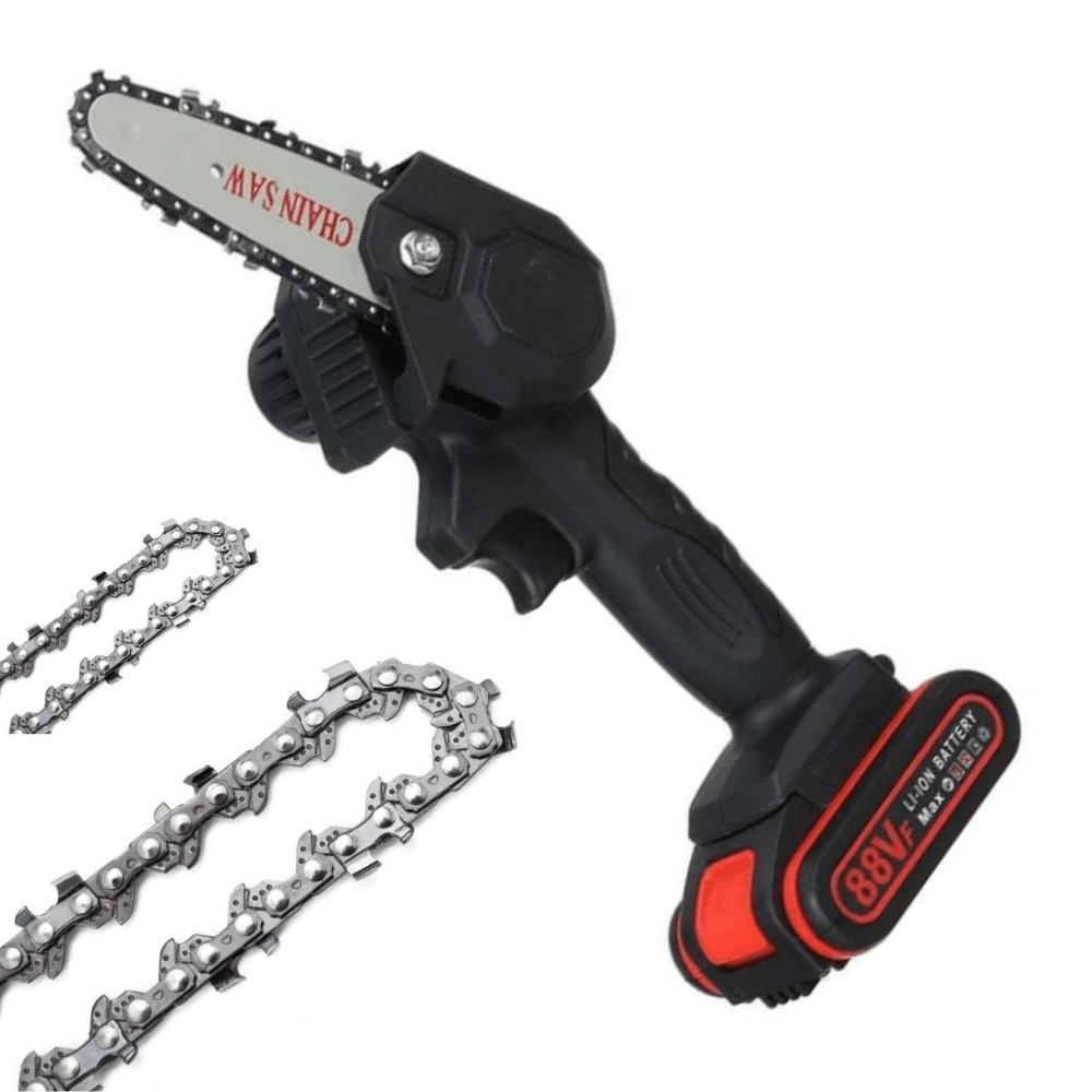 Battery chainsaw with one hand operation for garden cutting - black