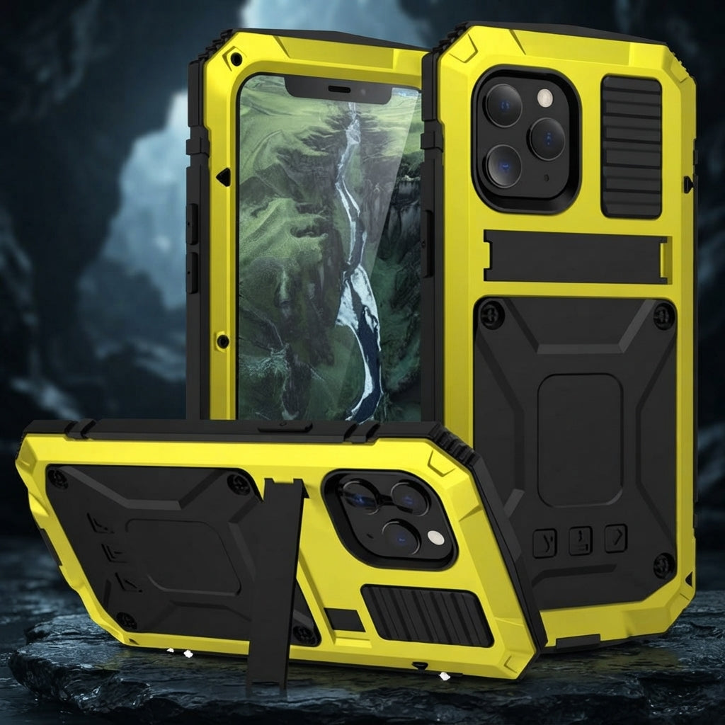 Phone Case With Tempered Glass Screen And Metal Frame - yellow