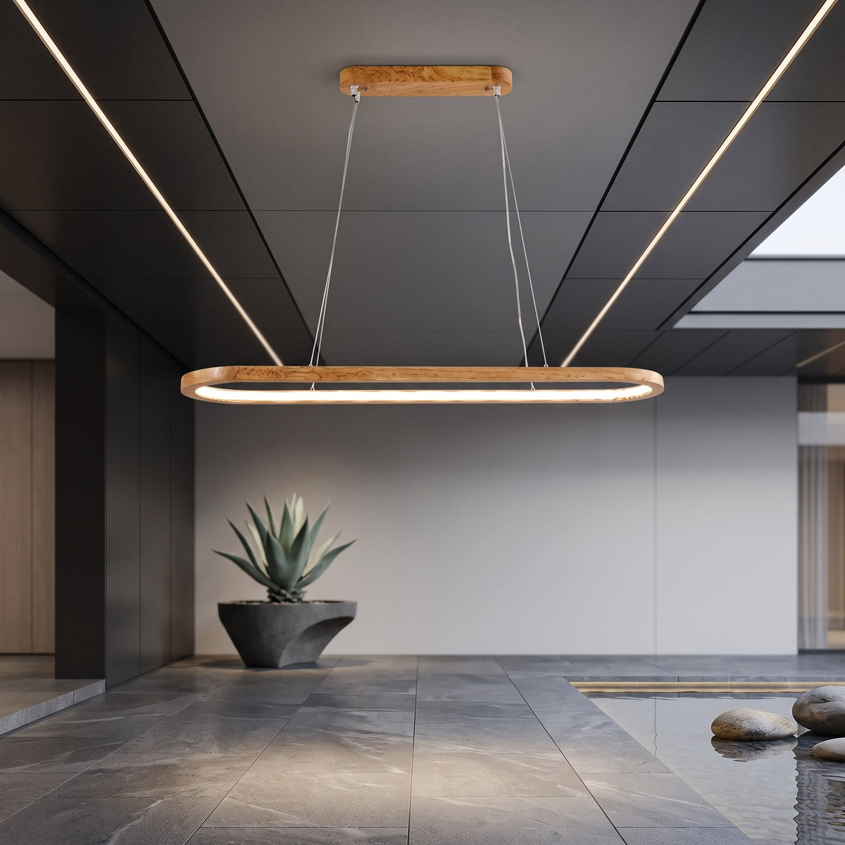 Oval wooden pendant light fixture