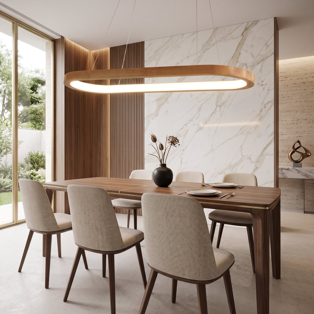 Oval wooden pendant light fixture