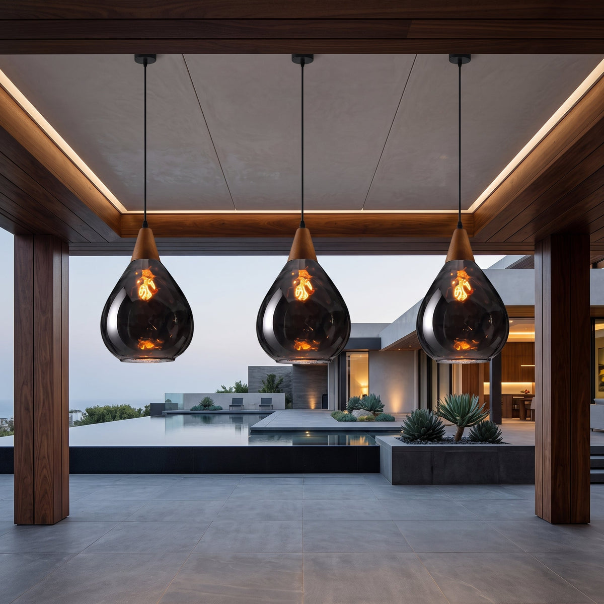Glass pendant light with ripple texture - smoke gray