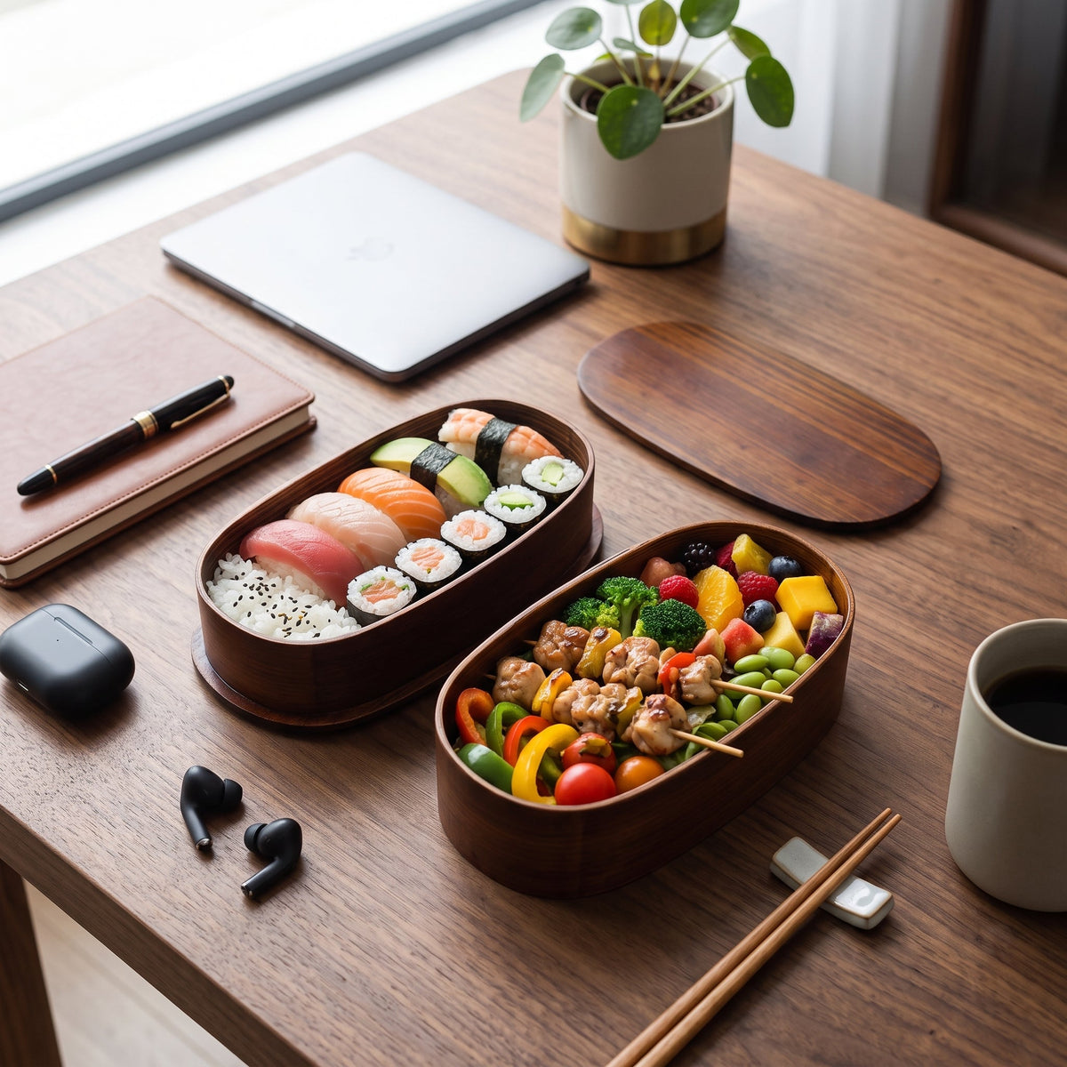 Lunch Box with Two Tiers Wooden Accessories