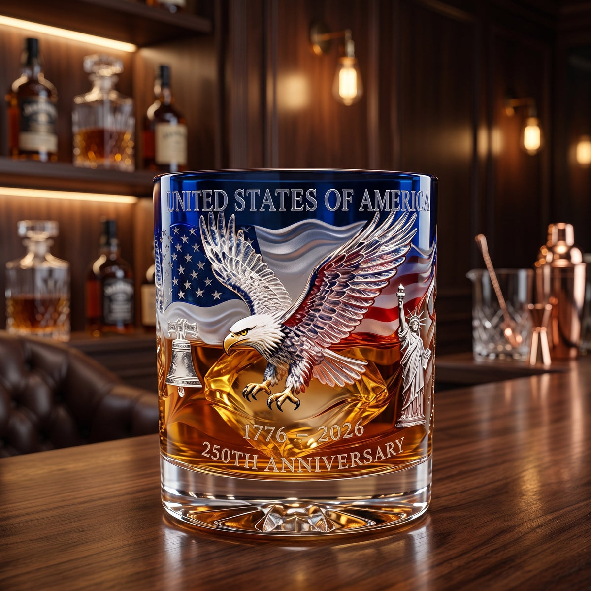 Whiskey glass rotating drinking tumbler with eagle design - white blue
