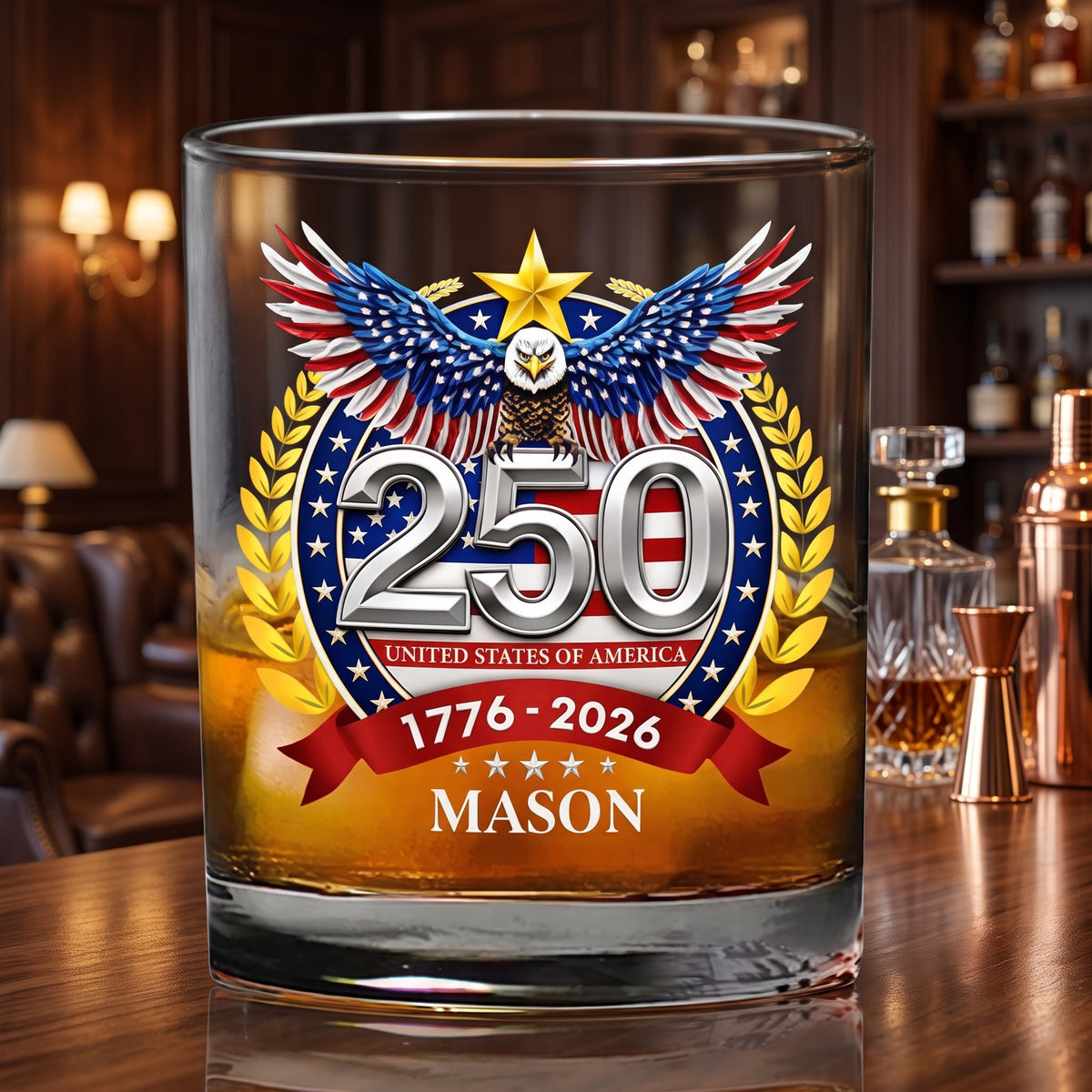Whiskey glass rotating drinking tumbler with eagle design - white gold