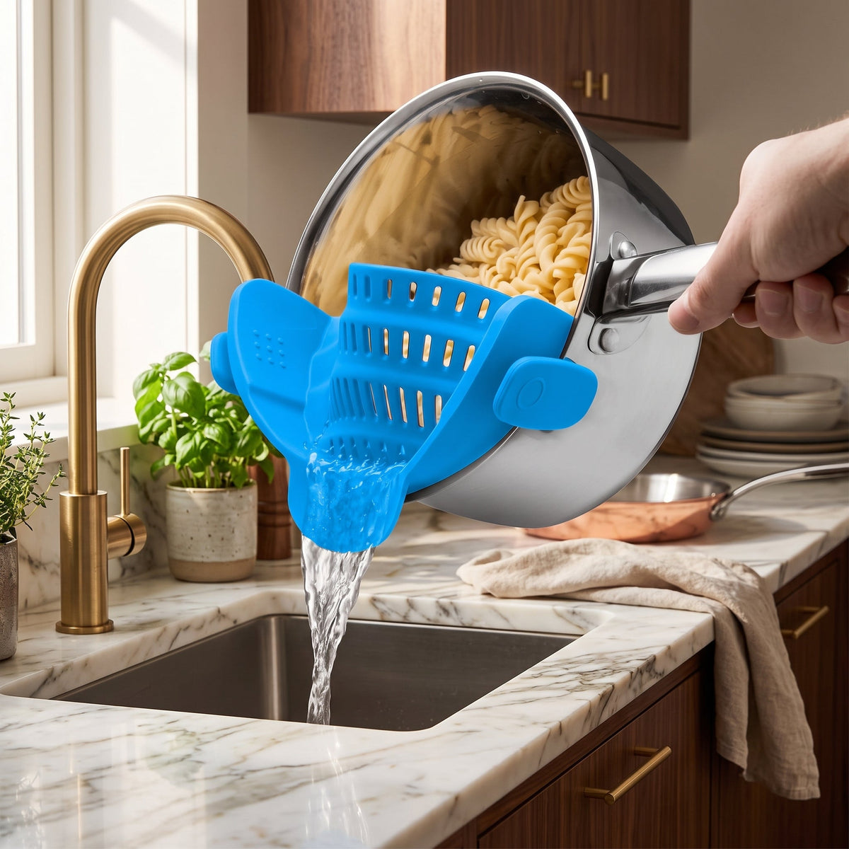 Pot strainer with adjustable clip on stainless steel - blue