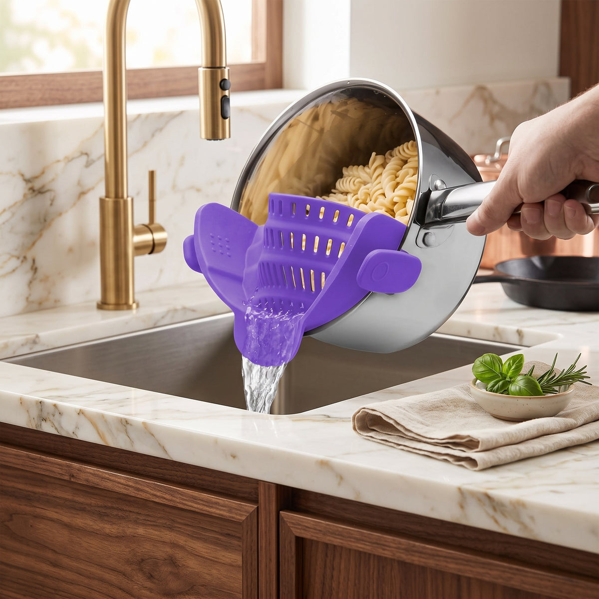 Pot strainer with adjustable clip on stainless steel - purple