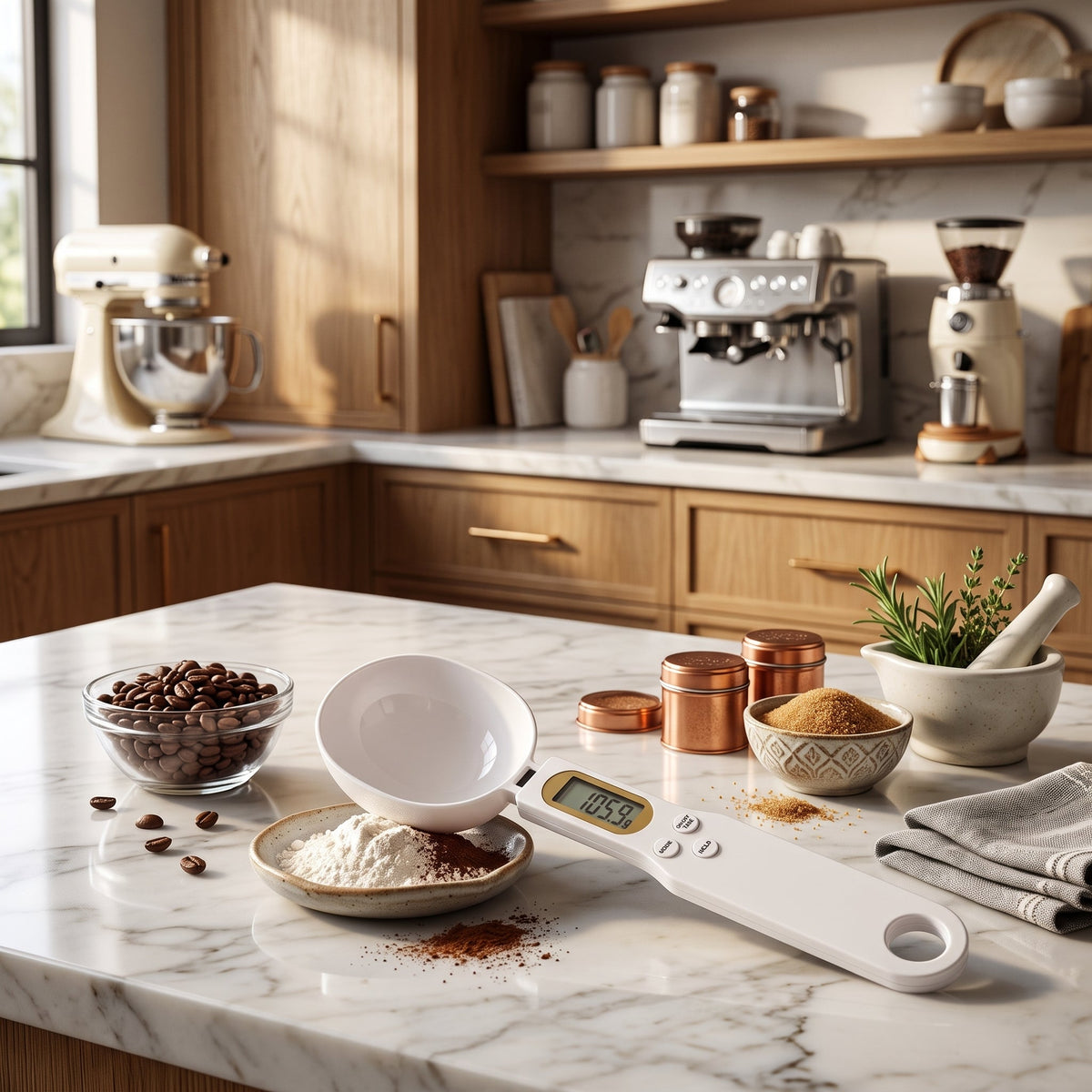 Digital LCD kitchen scale with measuring spoon - white