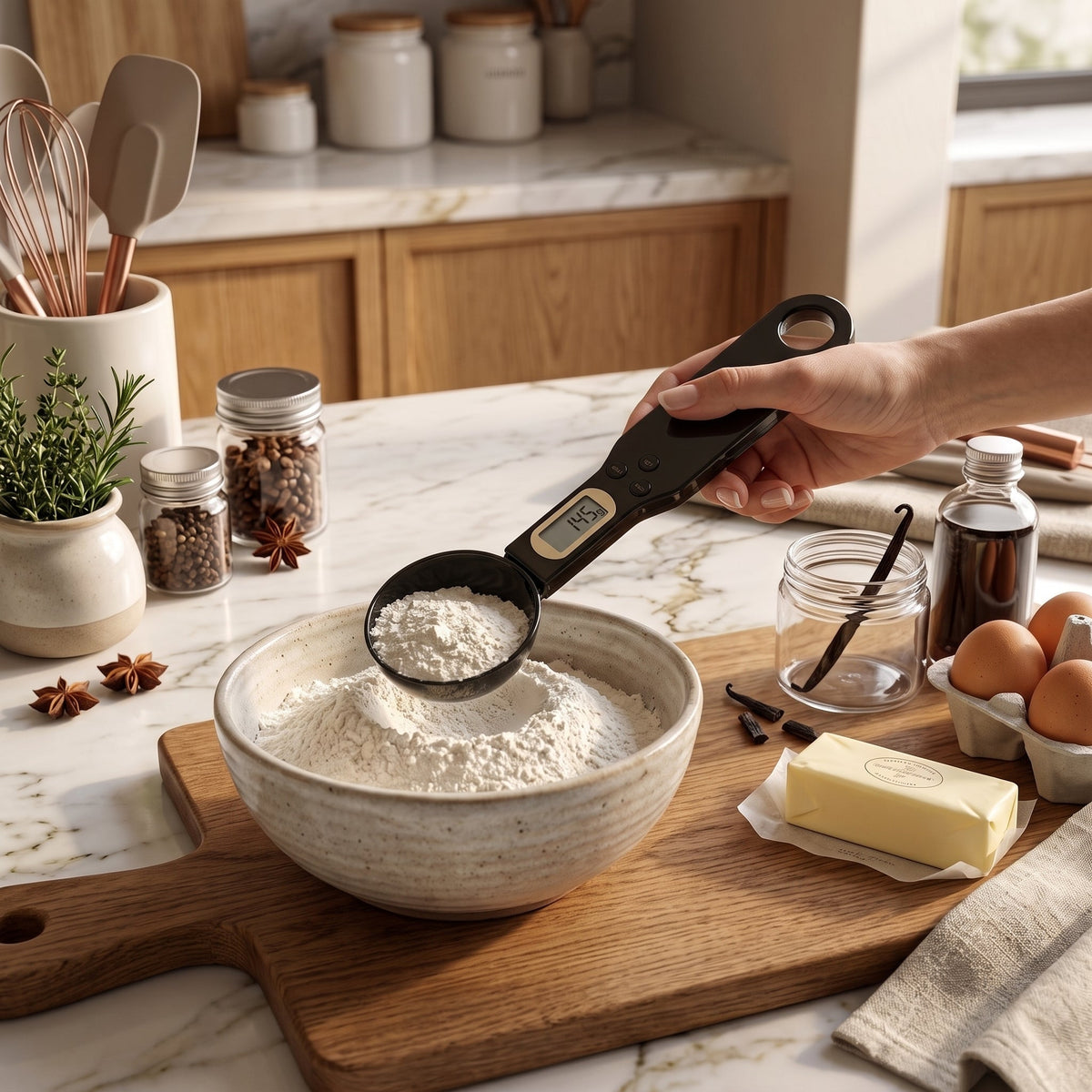 Digital LCD kitchen scale with measuring spoon