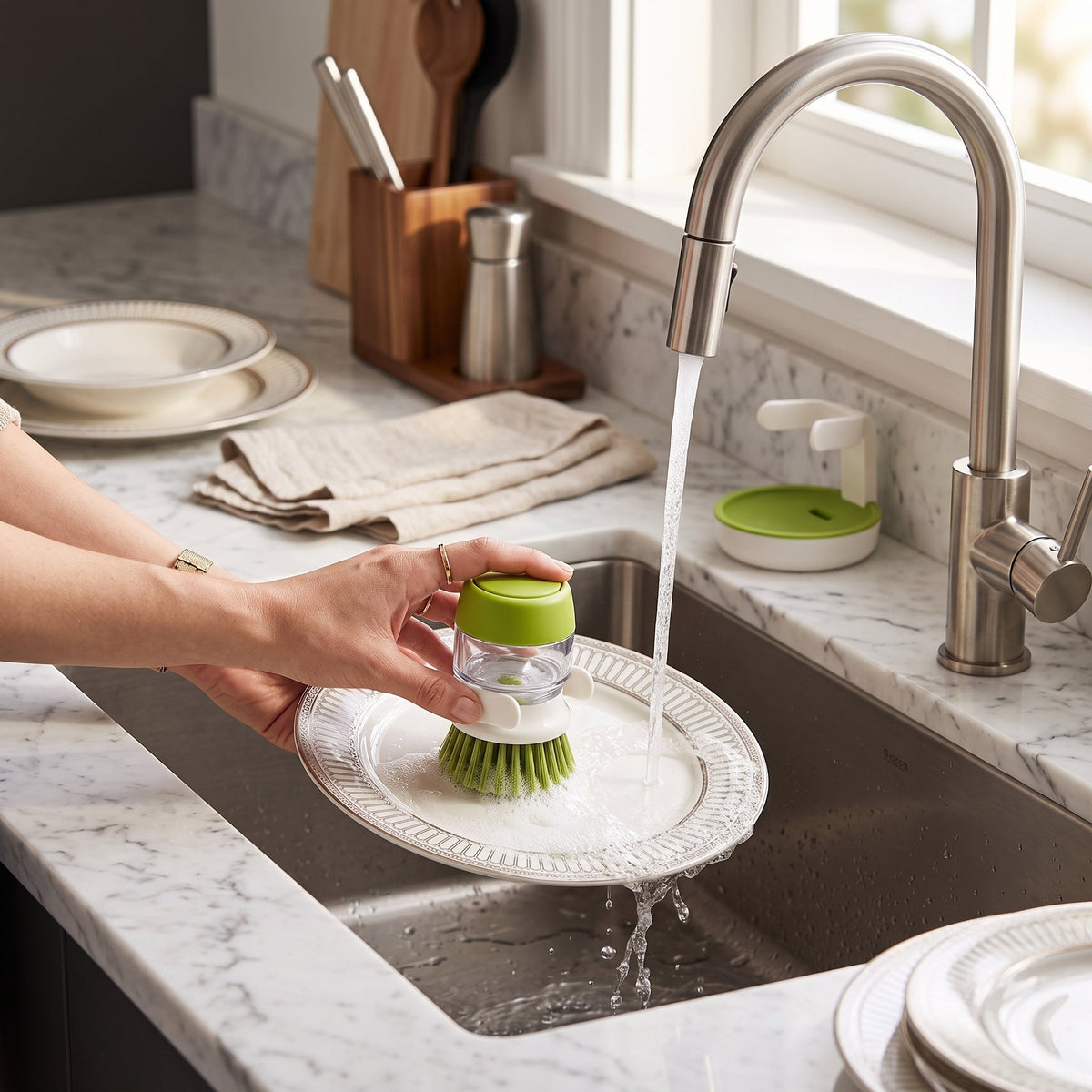 Dish scrub brush with soap dispenser
