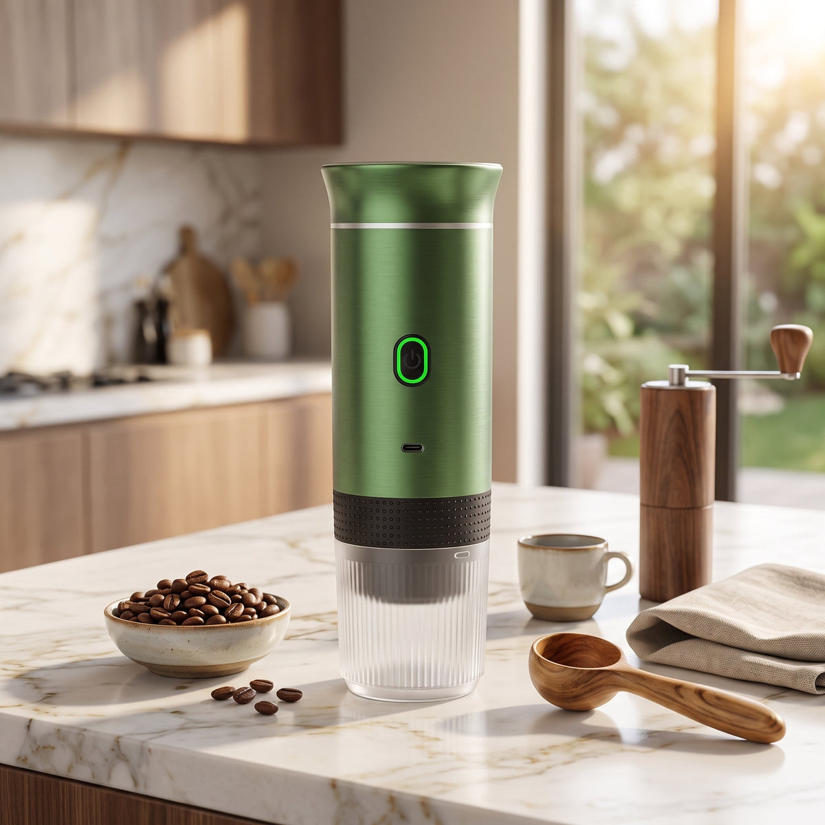Espresso coffee maker machine with portable wireless design - metallic green