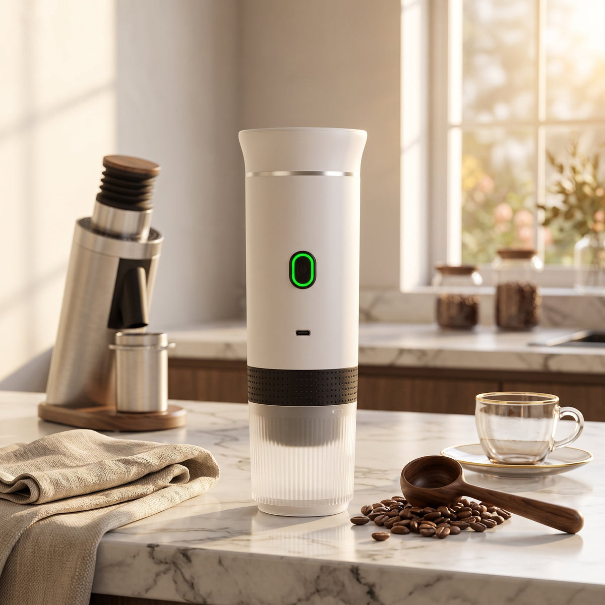 Espresso coffee maker machine with portable wireless design - white