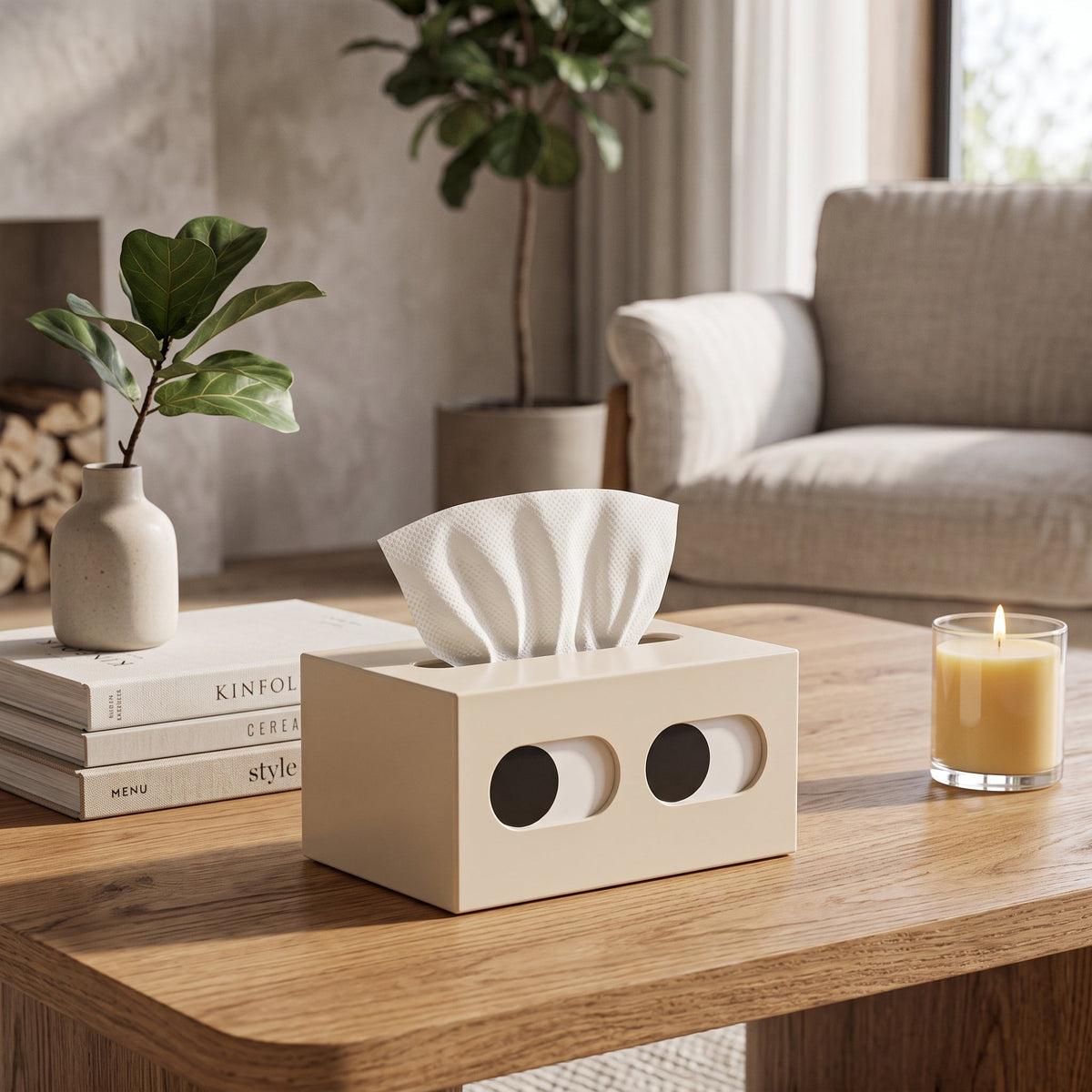Freestanding tissue box holder case with minimalist design - white