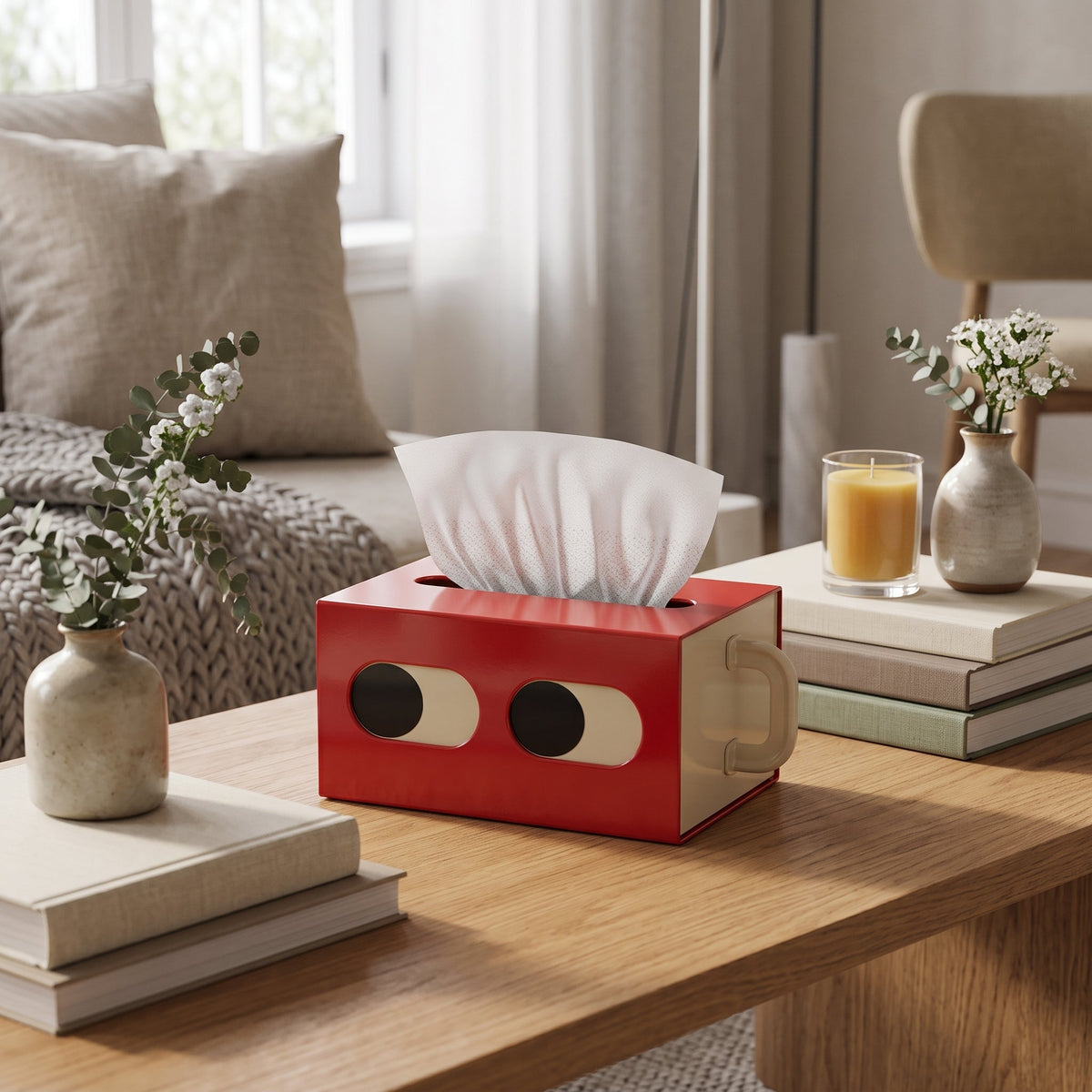 Freestanding tissue box holder case with minimalist design - red