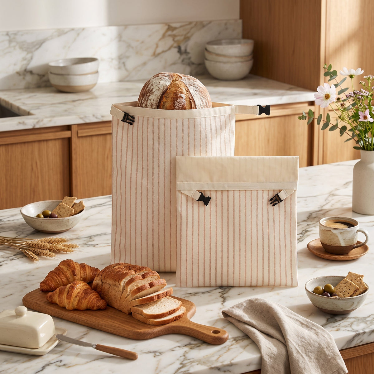 Bread storage bag with beeswax coating - pink small stripes