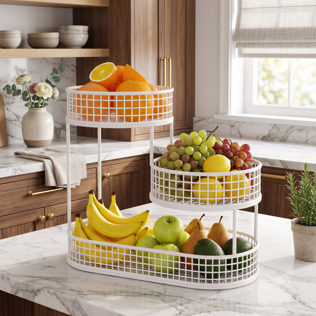 Multi tier stainless steel fruit storage basket - white