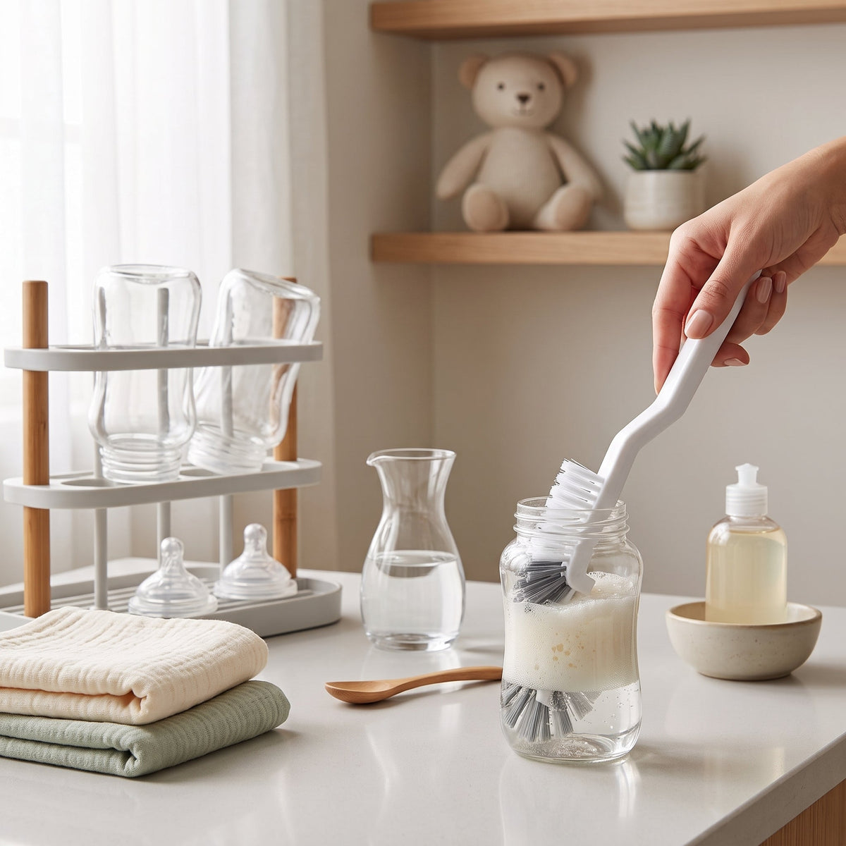 Long handle bottle cleaning brush with hook